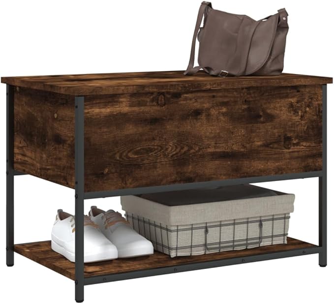 Industrial Storage Bench with Adjustable Feet, Smoked Oak Finish for Hallway Living Room Seating and Organization