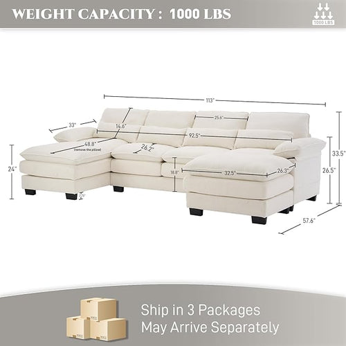 113" Cloud Couch Sectional Modular Sofa U Shaped Sectional Couches for Living Room Comfy 5-Seater Deep Seat Couch Chenille Cloud Sectional Sofa with Movable Ottoman & 4 Pillows, Cream White