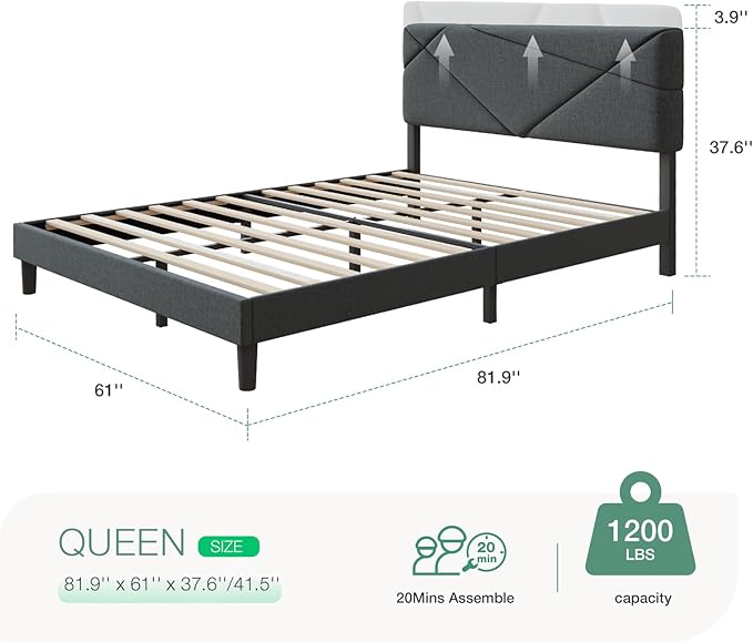 Novilla Queen Bed Frame with Headboard, Linen Upholstered Bed Frame Queen Size, No Box Spring Needed, Heavy Duty Feet, Easy Assembly, Dark Grey