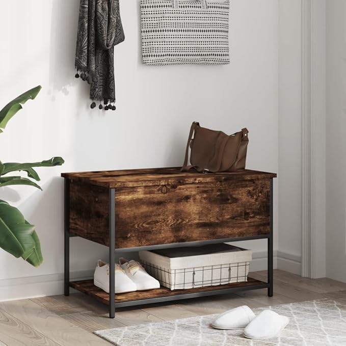 Industrial Storage Bench with Adjustable Feet, Smoked Oak Finish for Hallway Living Room Seating and Organization