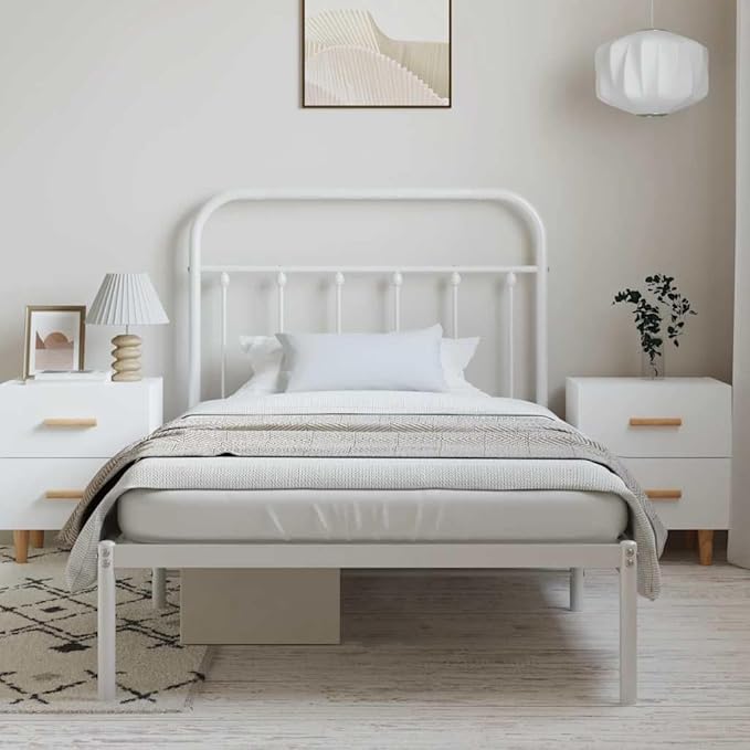 Bed Frame White Powder-Coated Steel Twin Bed Frame Rectangular headboard Bedroom Furniture for Bedroom