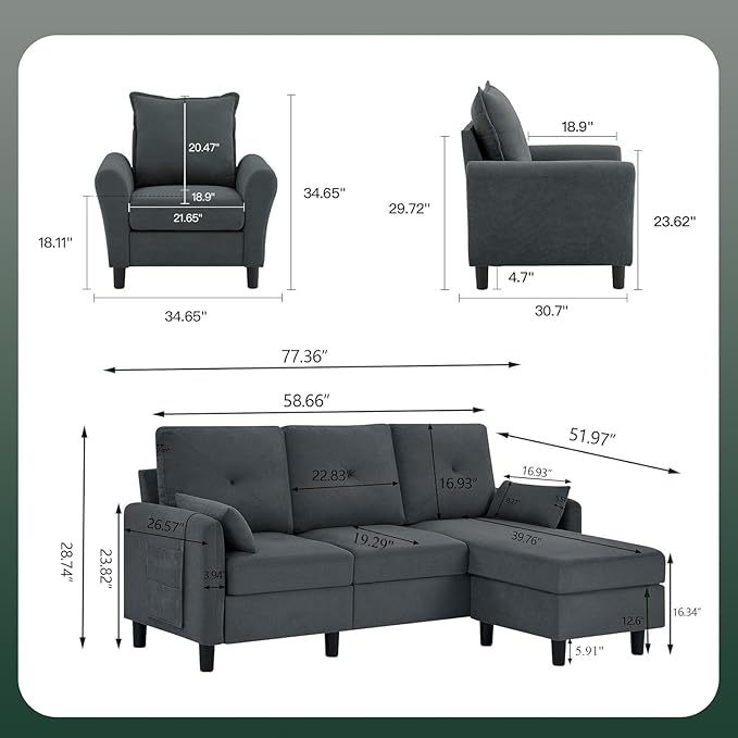 Convertible Sectional Sofa, 77" Small L Shaped 3 Seat Couch with Reversible Storage Chaise, and Accent Chair Set Modern Polyester Fabric Sofa Couches for Living Room, Apartment, Dark Grey