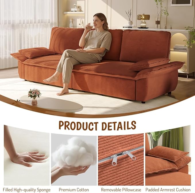 KEIKI 94.5'' King Size Sleeper Sofa Bed, 3-in-1 Convertible Pull Out Couch with Cloud Recliner Design, Corduroy Futon Loveseat Sofa for Living Room, Guest Hosting, Modern 3 Seater Couch