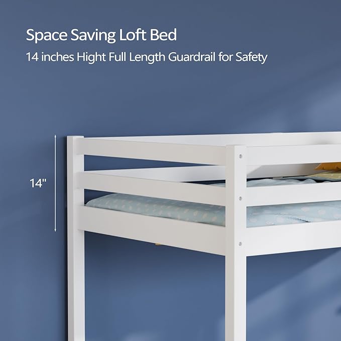 VINGLI Junior Low Loft Bed with Stairs, White Wood Loft Bed Full Size for Adults, Kids and Young Teens, No Box Spring Required,Wood Slat Support