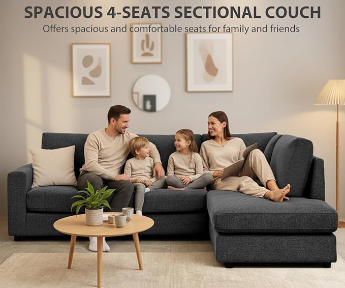 100" L-Shaped Couch with Reversible Chaise, Chenille Modular Sectional Sofa, 4-Seater Corner Couch for Living Room, Apartment, Dark Grey