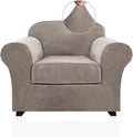 PrinceDeco Velvet Plush Couch Cover Stretch 2 Piece Chair Cover Chair Slipcover Washable Furniture Protector Couch Soft with Elastic Bottom Armchair Cover Width Up to 49 Inch(Small, Taupe)