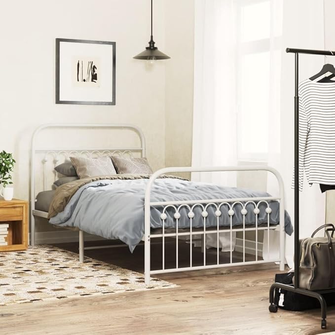 Modern Metal Bed Frame with White Powder-Coated Finish, Minimalist Contemporary Design for Small Rooms, Sturdy Steel Structure with Breathable Support and Easy