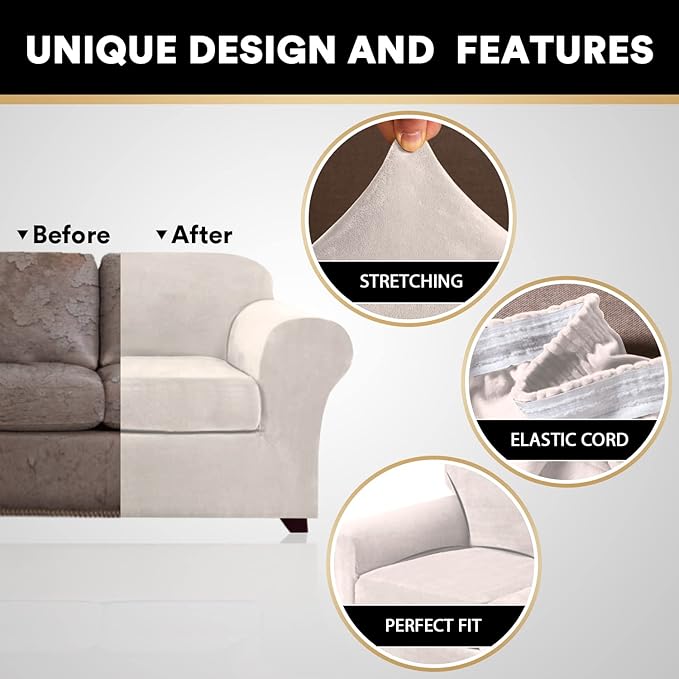 PrinceDeco Velvet Couch Covers for Sofa Soft 4 Pieces Couch Covers for 3 Cushion Couch Sofa Pet Friendly Furniture Protector with Non Slip Elastic Bottom Width Up to 90 Inch (Large, Ivory)