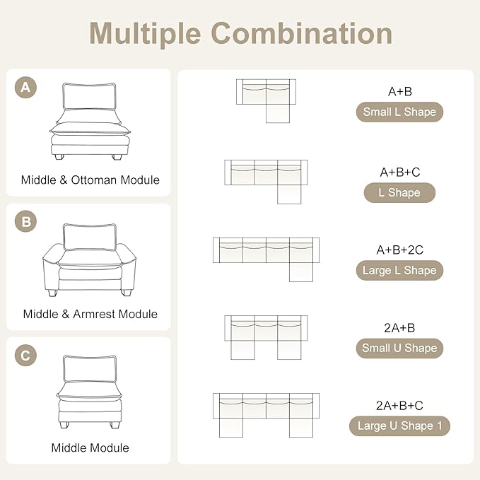 Karl home Sectional Sofa Modular Deep Seat Sofa Couch with Ottoman, Chenille Sofa Sleeper Comfy Upholstered Furniture for Living Room, Apartment, Studio, Office, (3-Seat & 1-Ottoman, Light Gray)