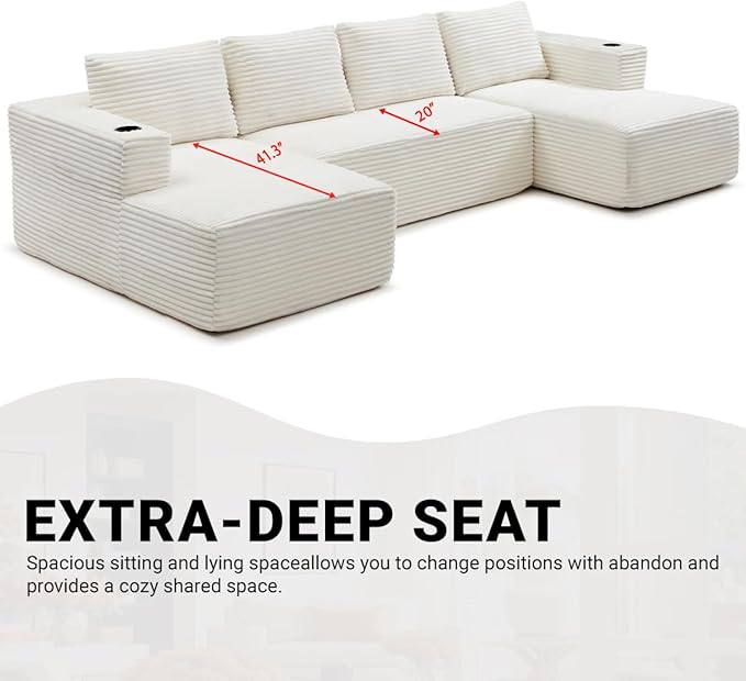 132 Inch Modular Sectional Sleeper Sofa, Boneless Cloud Couch for Living Room, U Shaped 5 Seat Sofa with 2 Cup Holders, Free Combination, No Assembly Required (Beige)