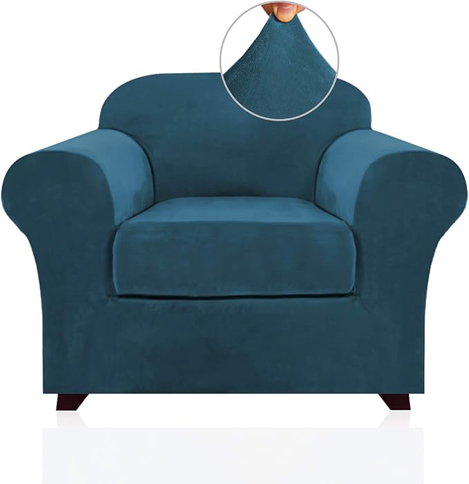 PrinceDeco Velvet Plush Couch Cover Stretch 2 Piece Chair Cover Chair Slipcover Washable Furniture Protector Couch Soft with Elastic Bottom Armchair Cover Width Up to 49 Inch(Small, Deep Teal)