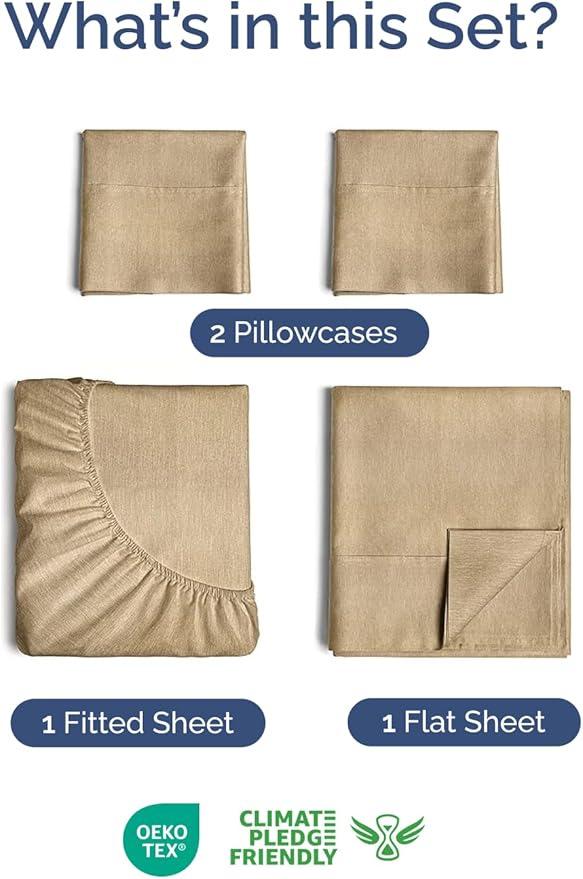 Extra Deep Twin XL Sheet Set - 4 Piece Breathable and Cooling Sheets - Hotel Luxury Bedding for Women, Men, Kids & Teens - Easy Secure Fit - Soft & Wrinkle Free - Extra Deep Pockets - Heathered Tan