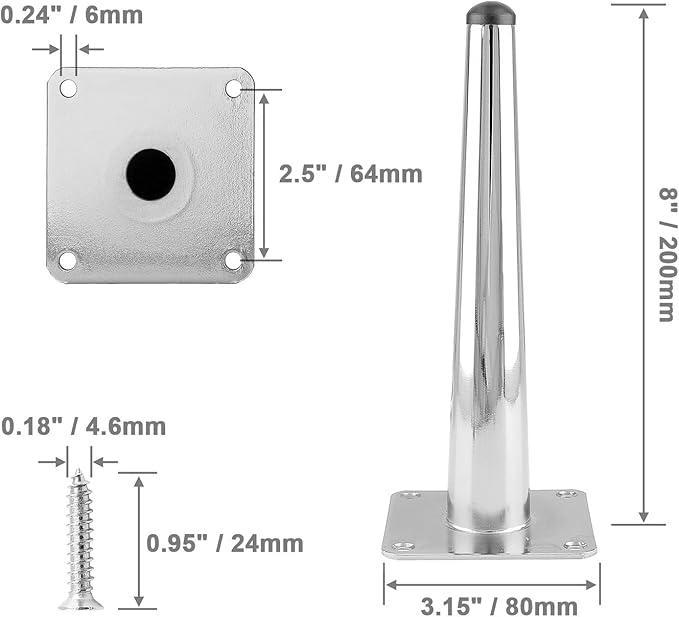 4pcs 8 Inch Furniture Legs, Straight Conical Metal Legs Chrome Mid-Century Style Furniture Feet for Sofa Cabinet Table Chair Cupboard Couch Ottoman Home DIY Projects