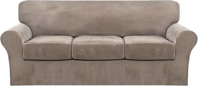 FantasDecor 4 Piece Sofa Velvet Couch Covers for 3 Cushion Stretch Slipcover with Individual Seat Cushion Elastic Furniture Protector for Pets, Machine Washable (Sofa, Taupe)