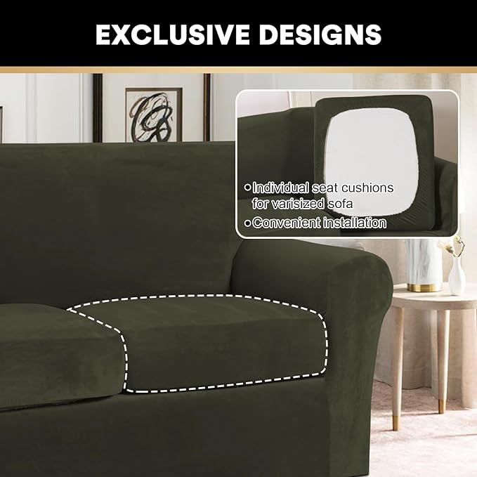 PrinceDeco Velvet Couch Cover Loveseat Covers for 2 Cushion Couch 3 Piece Sofa Covers for Dogs Washable Loveseat Covers Width Up to 72 Inch No Slip Stretch Sofa Slipcover(Medium, Olive)