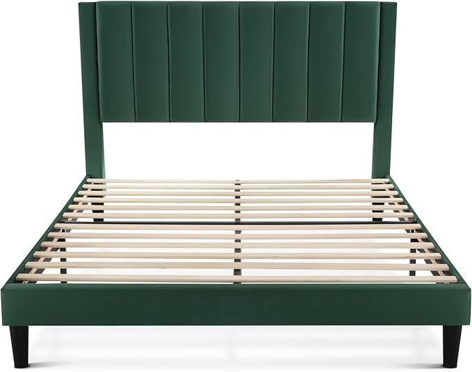 SHA CERLIN Full Bed Frame/Velvet Upholstered Platform Bed Frame with Headboard/Strong Wood Slats Support/Mattress Foundation/No Box Spring Needed - Green