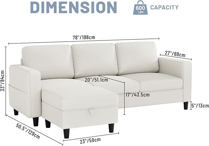 Sectional Couches for Living Room Convertible 3 Seater Sofas 78" L Shaped Couch with Removable Storage Ottoman Modern Linen Beige Sofa for Apartments Studios Dorms Small Spaces | 78" Small Sectional