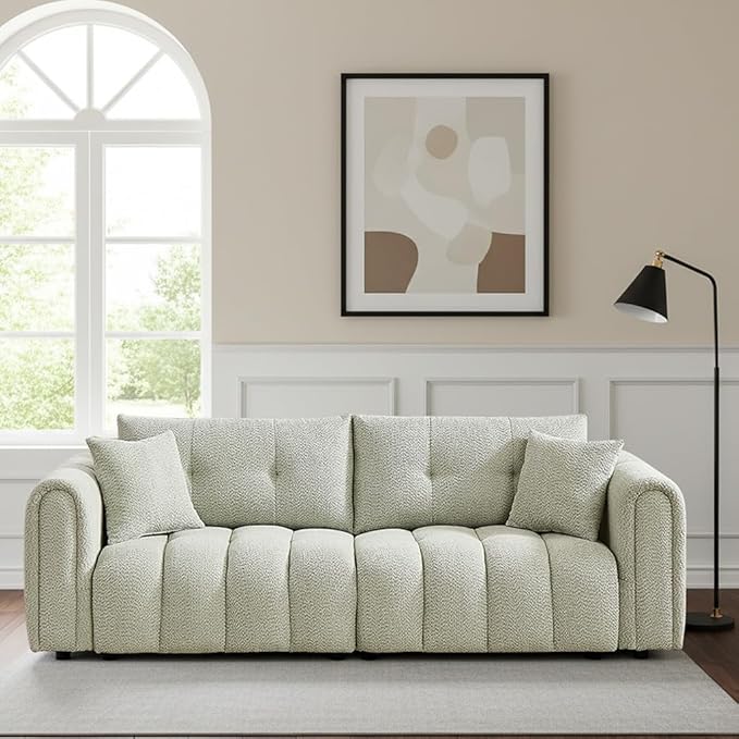91.5" W Cloud Boucle Sofa for Living Room, Modern Comfy Boucle Couch with Rolled Arms and Soft Pillows, Cozy Teddy Oversized Loveseat for Apartment, Studio, Bedroom, Sage Green