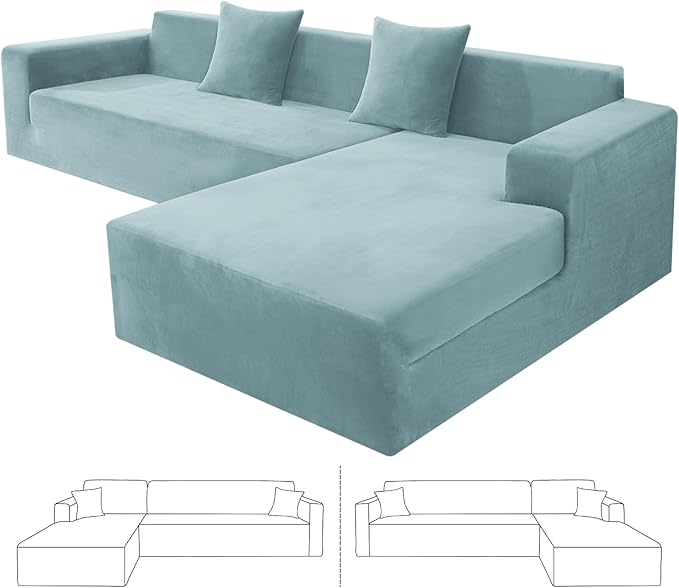 ZNSAYOTX 2026 Soft Velvet Sectional Couch Covers, Luxury Plush Slipcovers with Elastic Bottom for L Shape Sectional Sofa, 2 Pcs Pet Friendly Protector (3 Seat Couch + 2 Seat Chaise, Stone Blue)
