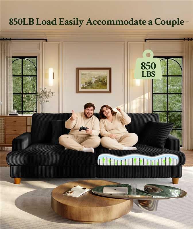 87.2" Couches for Living Room, Comfy Black Couch 7.5" Extra Thick Cushion, Sofas for Living Room Tool-Free Setup, Loveseat Sofa 848lbs Support, Corduroy Couch for Bedroom, Apartment, Office