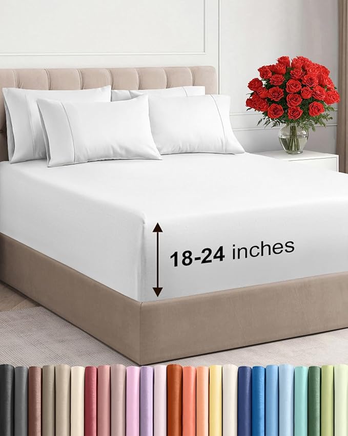 Extra Deep Full Sheet Set - 6 Piece Breathable and Cooling Sheets - Hotel Luxury Bedding for Women, Men, Kids & Teens - Easy & Secure Fit - Soft, Wrinkle Free and Comfy - Extra Deep Pockets - White