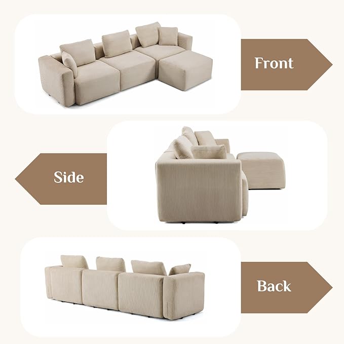 Karl home 112" Sectional Couch with Movable Ottoman, Modern Corduroy Cloud Sofa Set with Deep Seat, Convertible L-Shape Boneless Couch for Living Room, Apartment, Studio, Khaki