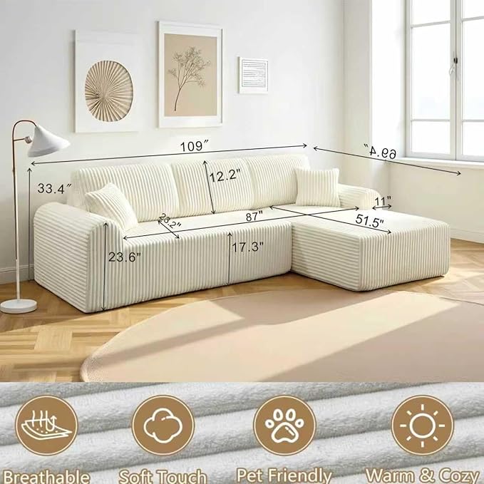109“L-Shaped Sectional Sofa Boneless Couch Upholstery Cloud Modular Couch with Chaise No Assembly Required Corduroy Fabric Combination Deep Seat Living Room Bedroom(Cream, Right Hand Facing)