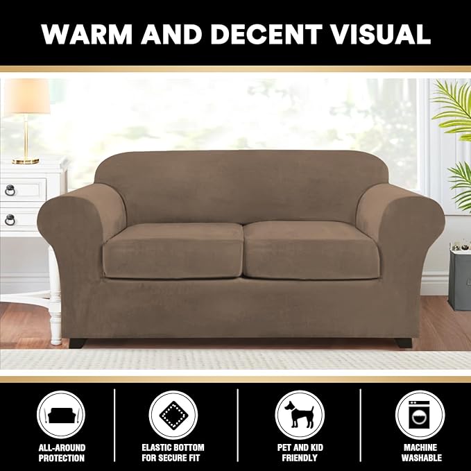 PrinceDeco Velvet Couch Cover Loveseat Covers for 2 Cushion Couch 3 Piece Sofa Covers for Dogs Washable Loveseat Covers Width Up to 72 Inch No Slip Stretch Sofa Slipcover(Medium, Mocha)