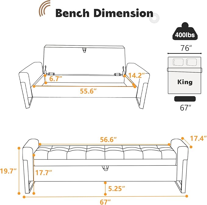 67" End of Bed Storage Bench King Size, Velvet Storage Bench for Bedroom Foot of Bed, Upholstered Storage Ottoman Bench with Gold Legs for Window Living Room Entryway, Dark Grey