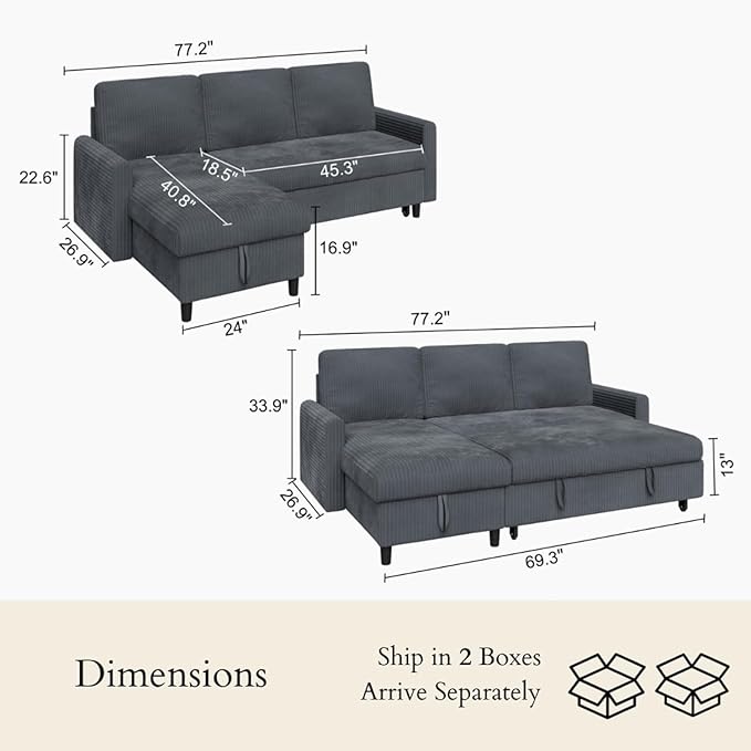 JAMFLY Pull Out Sleeper Sofa Bed with Storage Chaise, L-Shaped Corduroy Sectional Couch, 3-Seater Convertible Sofa with Hidden Storage for Small Living Room, Apartment, Office, Grey