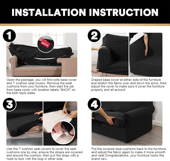 PrinceDeco T Cushion Loveseat Slipcover 3 Pieces Sofa Covers for T Cushion Sofa Stretch Slip Covers for 2 Cushion Couch with 2 Individual T Shape Seat Covers Width Up to 72"- Washable, Black