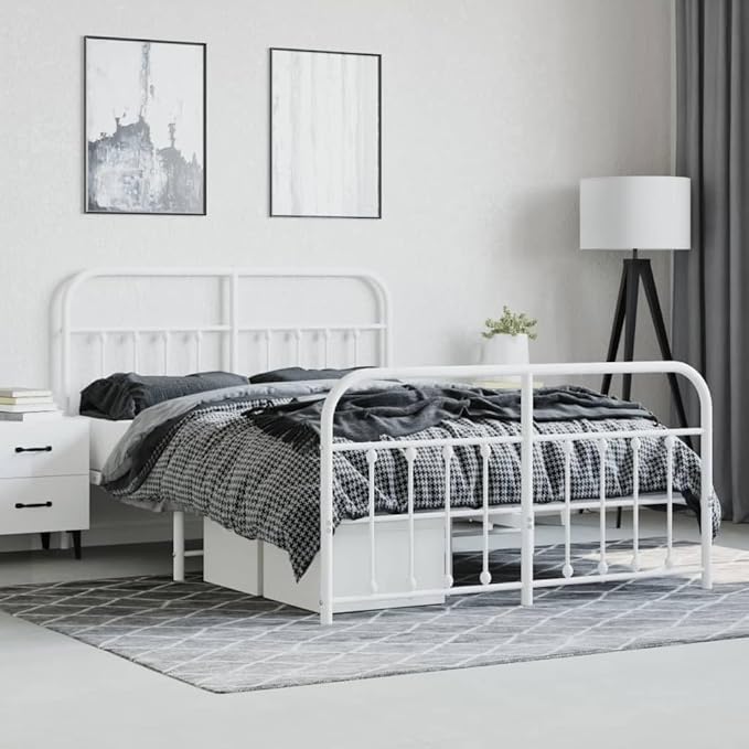 Bed Frame White Powder-Coated Steel Double Bed Bedroom Furniture for Living Room 55 x 79 in Frame