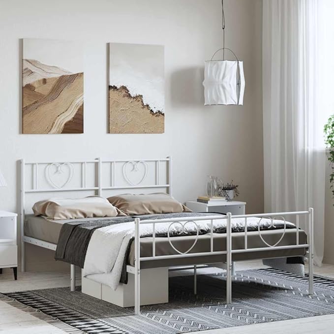 White Metal Bed Frame with Headboard, Sturdy Powder-Coated Steel Platform Bed with Underbed Storage, Supports 59x79 Inch Mattress for Modern Bedroom