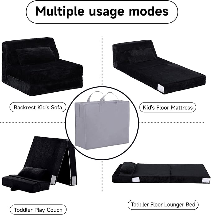 Tiita Convertible Folding Kids Sofa Bed with Pillow & Storage Bag, Plush Fabric Floor Mattress Couch Bed, Washable Cover, Kids Room, Playroom, Dorm, Apartment, Black