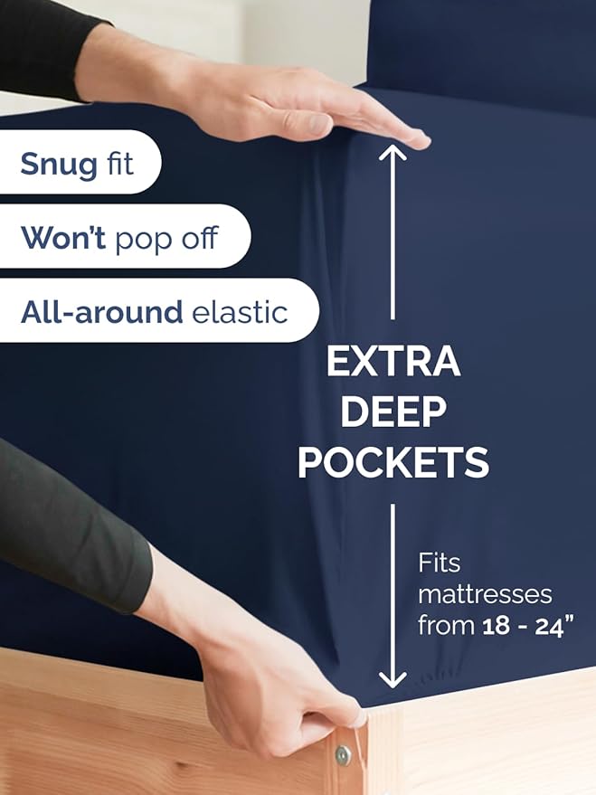 Extra Deep Twin Sheet Set - 4 Piece Breathable and Cooling Sheets - Hotel Luxury Bedding for Women, Men, Kids & Teens - Easy Secure Fit - Soft, Wrinkle Free and Comfy - Extra Deep Pockets - Navy Blue