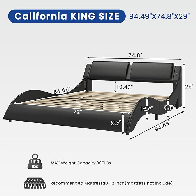 DICTAC California King Bed Frame with Led Lights and USB & Type-c Ports Modern Cali King Bed Frame with Headboard Faux Leather Wave Like Curve Low Profile Platform Bed Frame,No Box Spring Needed,Black