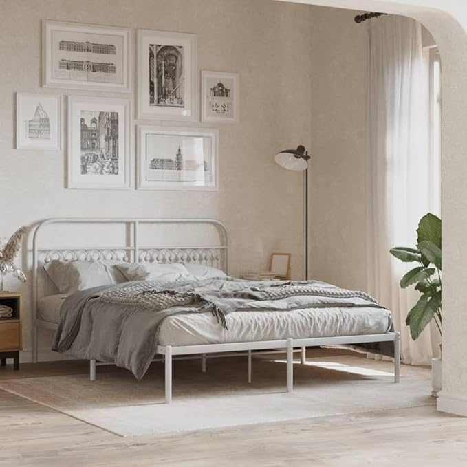 King Size Metal Bed Frame with Headboard, White Powder-Coated Steel Platform Bed Frame for Modern Bedroom, Heavy Duty Support up to 550 lbs, Easy Assembly and