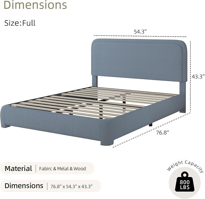 BarnFurin Full Size Bed Frame,Cloud Boucle Upholstered Platform Bed Frame with Headboard, Soft Rounded Corners, No Box Spring Required, Non-Slip and Noise-Free, Easy Assembly, Blue