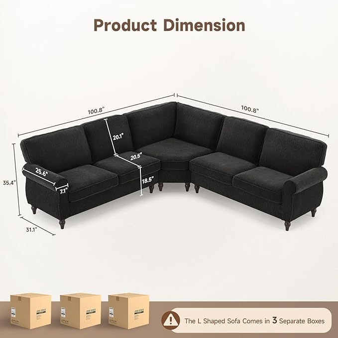 ONBRILL 101" L Shaped Couch, Sectional Corner Sofa with Rolled Arms, 5 Seater Chenille Fabric Couch w/Springs Seat Cushion, Wooden Legs, Comfy Oversized Sofa for Living Room, Apartment, Black