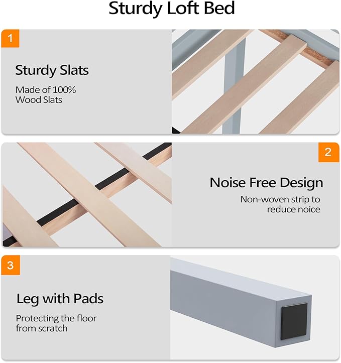 VINGLI Junior Low Loft Bed with Inclined Stairs,Gray Wood Loft Bed Full Size for Adults, Kids and Young Teens, No Box Spring Required,Wood Slat Support