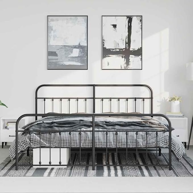 Bed Frame Black Powder-Coated Steel Double Bed Durable Bedroom Furniture headboard for Bedroom