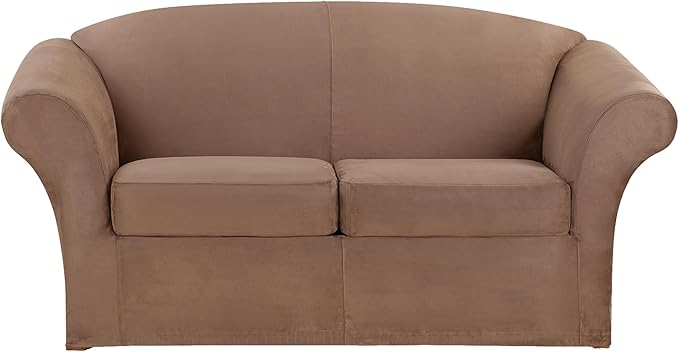 SureFit Ultimate Stretch Suede 3 Piece Box Loveseat Slipcover in Luggage