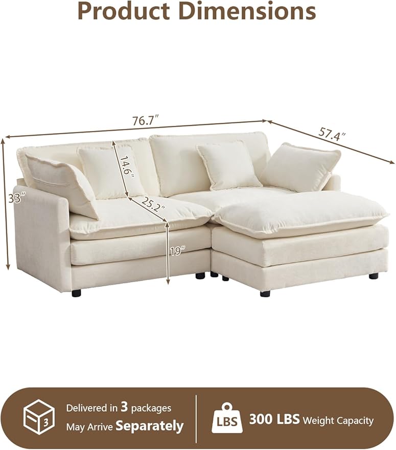 Modular Sectional Sofa with Ottoman: 76.7" Modern L Shaped Sectionals Cloud Couch, Comfy Couch Loveseat, 3 Seat Chenille Deep Seat Sofa with Pillow for Living Room,Bedroom Apartment,Small Spaces-Beige