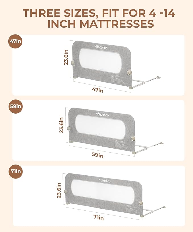Bed Rail for Toddlers – 71" Swing Down Bed Guard with Double Crossbar Stability, Gap-Free Anti-Pinch Design for Queen & King Size Beds, Quick No-Tool Install (Gray, 71in)