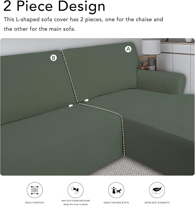 PureFit Super Stretch Sectional Couch Covers - 2 pcs Spandex Non Slip Sofa Covers with Elastic Bottom for L Shape Sectional Sofa, Great for Kids & Pets (3 Seat Sofa + 3 Seat Chaise, Greyish Green)
