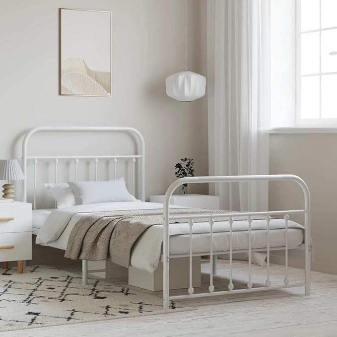 Bed Frame White Powder-Coated Steel Twin Bed Frame Rectangular Bedroom Furniture headboard for Living Room