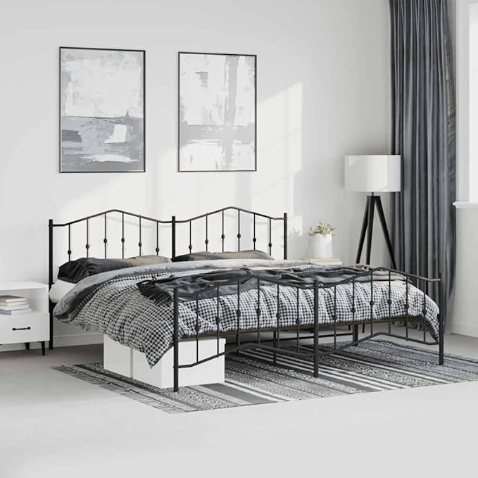 Modern Metal Bed Frame with Footboard, Black Steel Platform Bed with Underbed Storage Space, 76.0" x 79.9" Queen Size for Master or Guest Bedroom