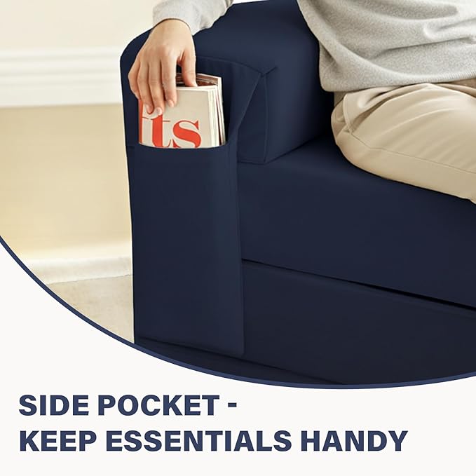 Tiita Folding Sofa Bed Chair, 4-Fold Convertible Sleeper Chair with Lumbar Pillow, Washable Cover & Side Pocket, Floor Couch Bed with Raised Seat, Single Size for Small Spaces, Navy