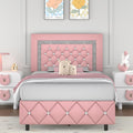 Twin Bed Frame, Faux Leather Platform Bed with Upholstered Diamond Headboard, Mattress Foundation with Strong Wooden Slats Support, No Box Spring Required, Easy Assembly, Pink