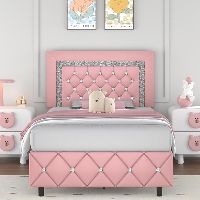 Twin Bed Frame, Faux Leather Platform Bed with Upholstered Diamond Headboard, Mattress Foundation with Strong Wooden Slats Support, No Box Spring Required, Easy Assembly, Pink